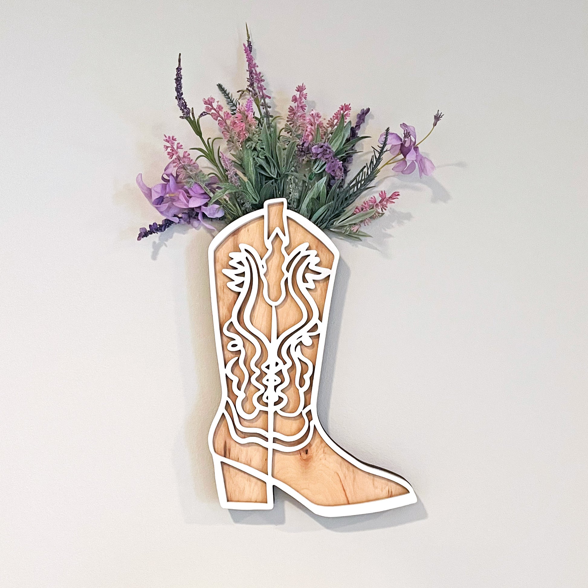 White and Natural wood cowgirl boot wall decor