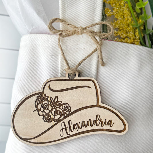 Personalized Cowgirl Hat Engraved Wood Gift Tag