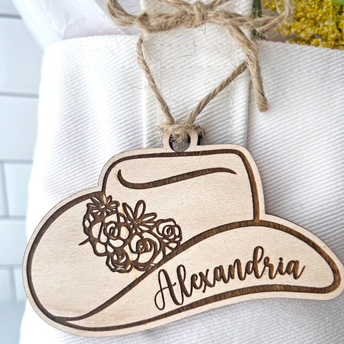 Personalized Cowgirl Hat Engraved Wood Gift Tag