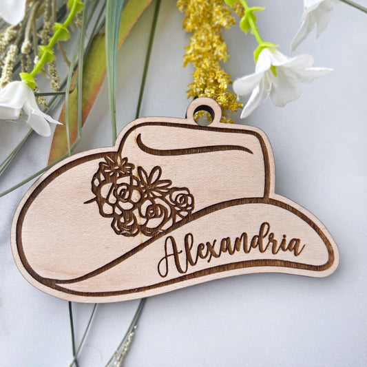 Personalized Cowgirl Hat Engraved Wood Gift Tag