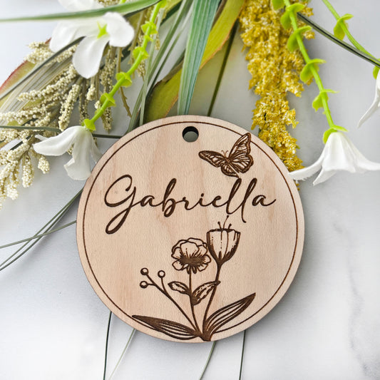 Personalized Flowers with Butterfly Engraved Wood Gift Tag