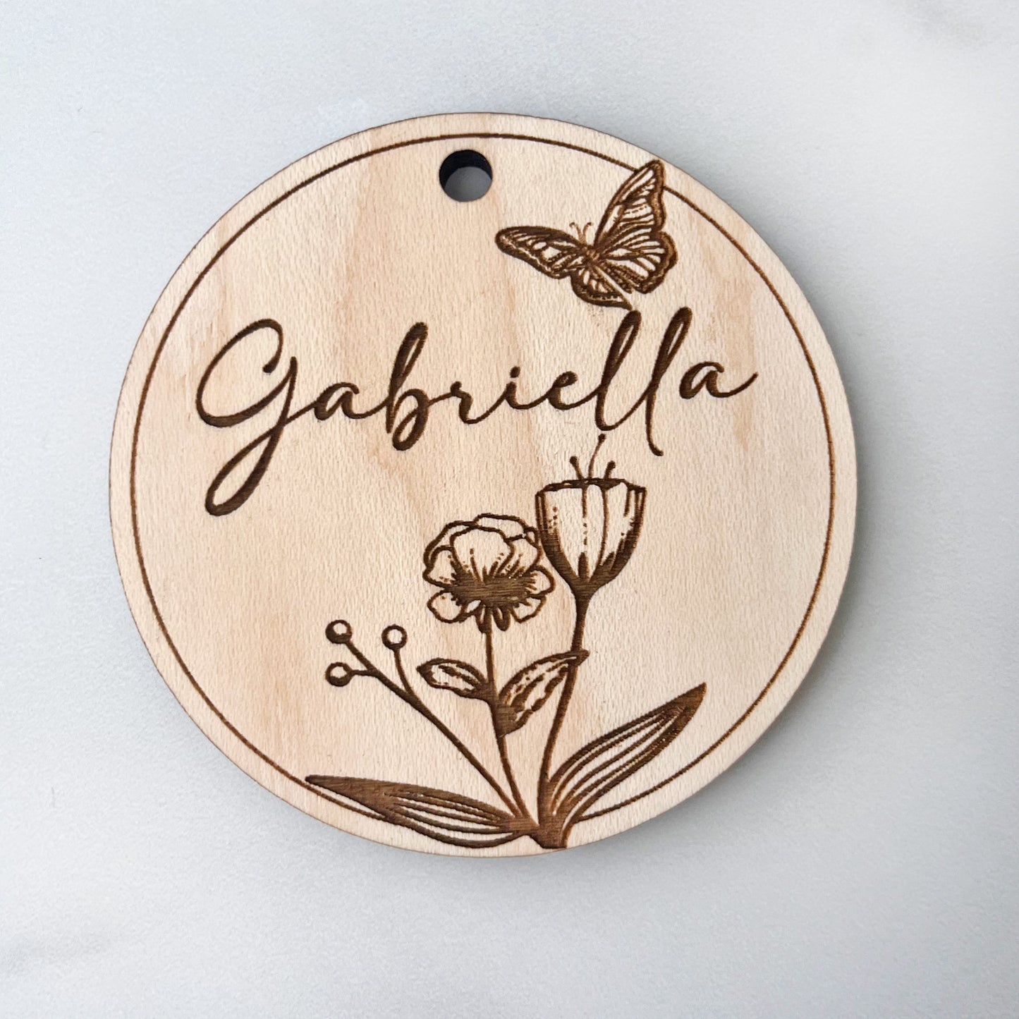 Personalized Flowers with Butterfly Engraved Wood Gift Tag