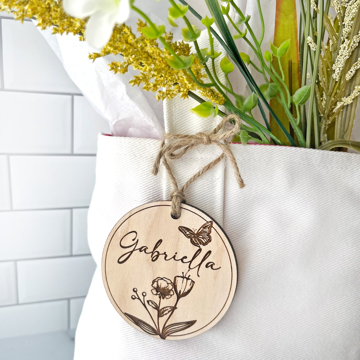 Personalized Flowers with Butterfly Engraved Wood Gift Tag