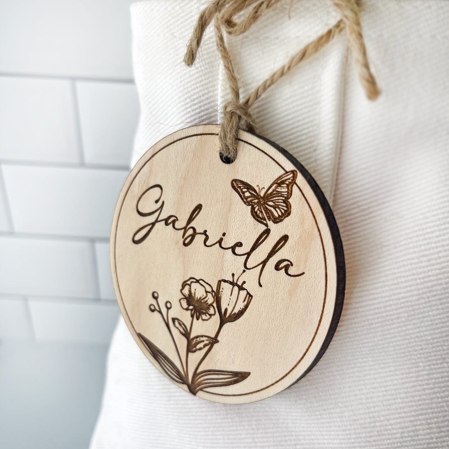 Personalized Flowers with Butterfly Engraved Wood Gift Tag