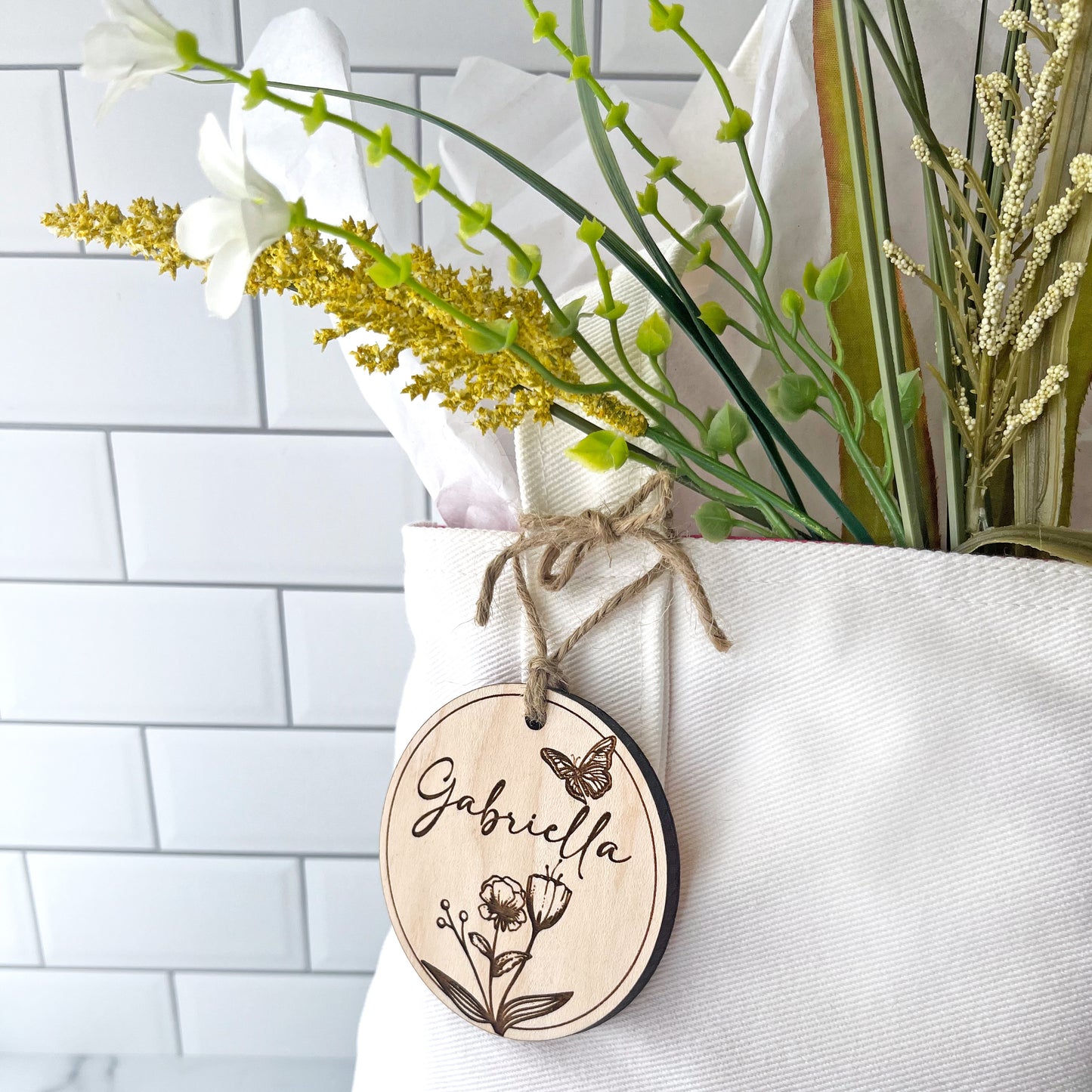 Personalized Flowers with Butterfly Engraved Wood Gift Tag