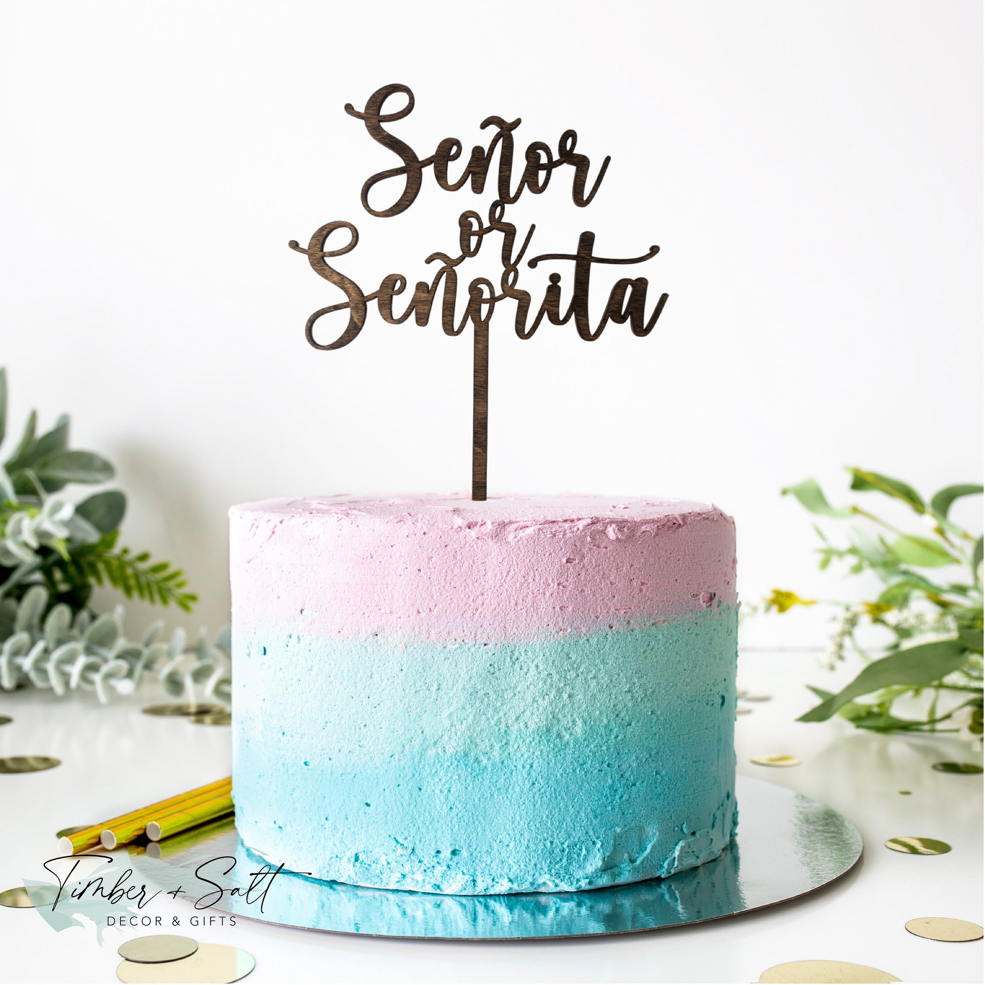 Señor or Señorita Baby Gender Reveal Wooden Cake Topper Rustic Medium Brown