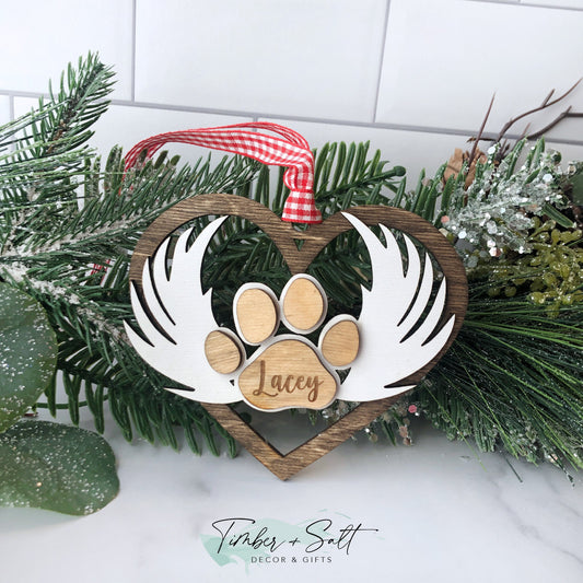 Personalized Rustic Memorial Paw Print With Wings Wood Christmas Ornament Cat Dog Memory Gift