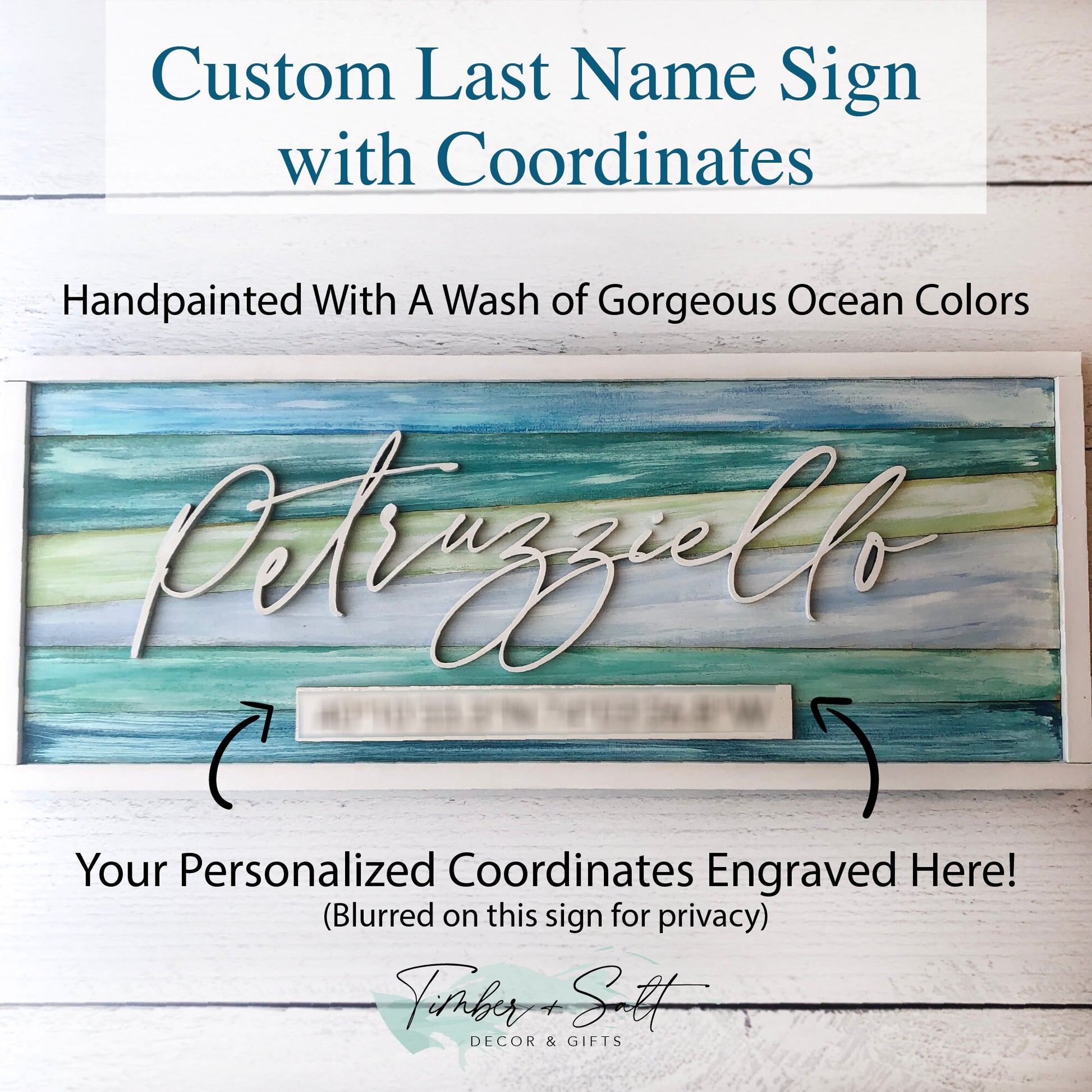 Custom Last Name With Coordinates Hand-painted Gorgeous Ocean Colors Coastal Beach House Decor Personalized 20"x 8" Rectangle Sign