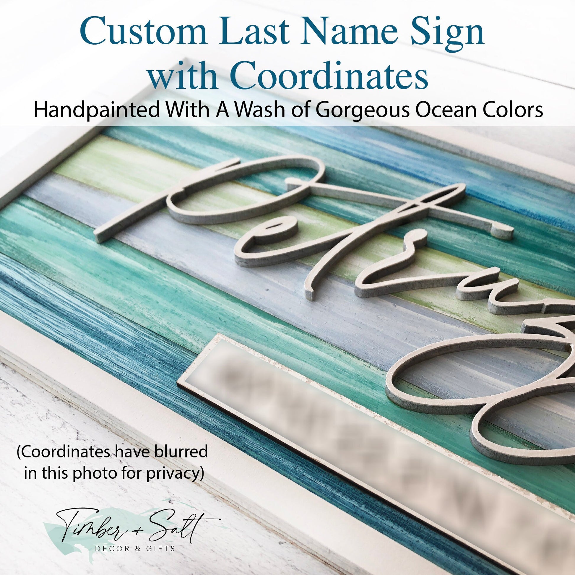 Custom Last Name With Coordinates Hand-painted Gorgeous Ocean Colors Coastal Beach House Decor Personalized 20"x 8" Rectangle Sign