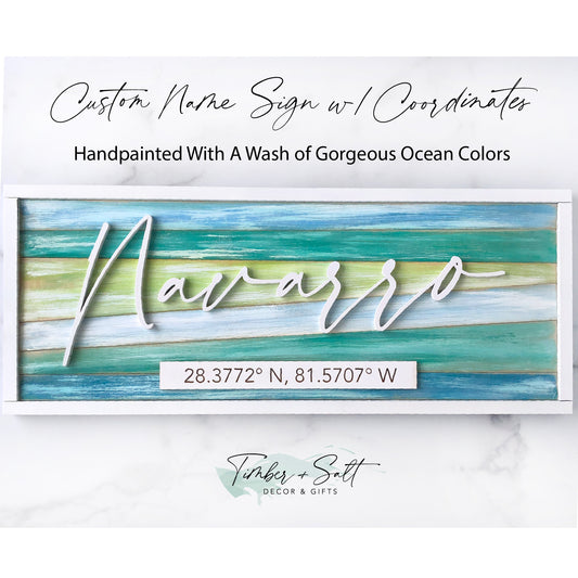 Custom Last Name With Coordinates Hand-painted Gorgeous Ocean Colors Coastal Beach House Decor Personalized 20"x 8" Rectangle Sign