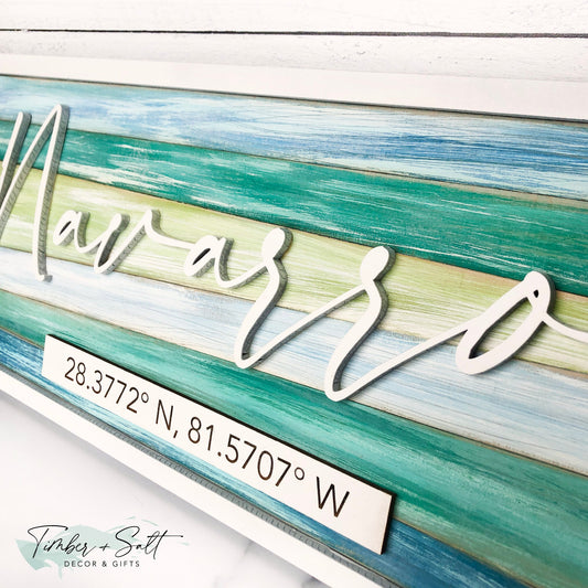 Custom Last Name With Coordinates Hand-painted Gorgeous Ocean Colors Coastal Beach House Decor Personalized 20"x 8" Rectangle Sign