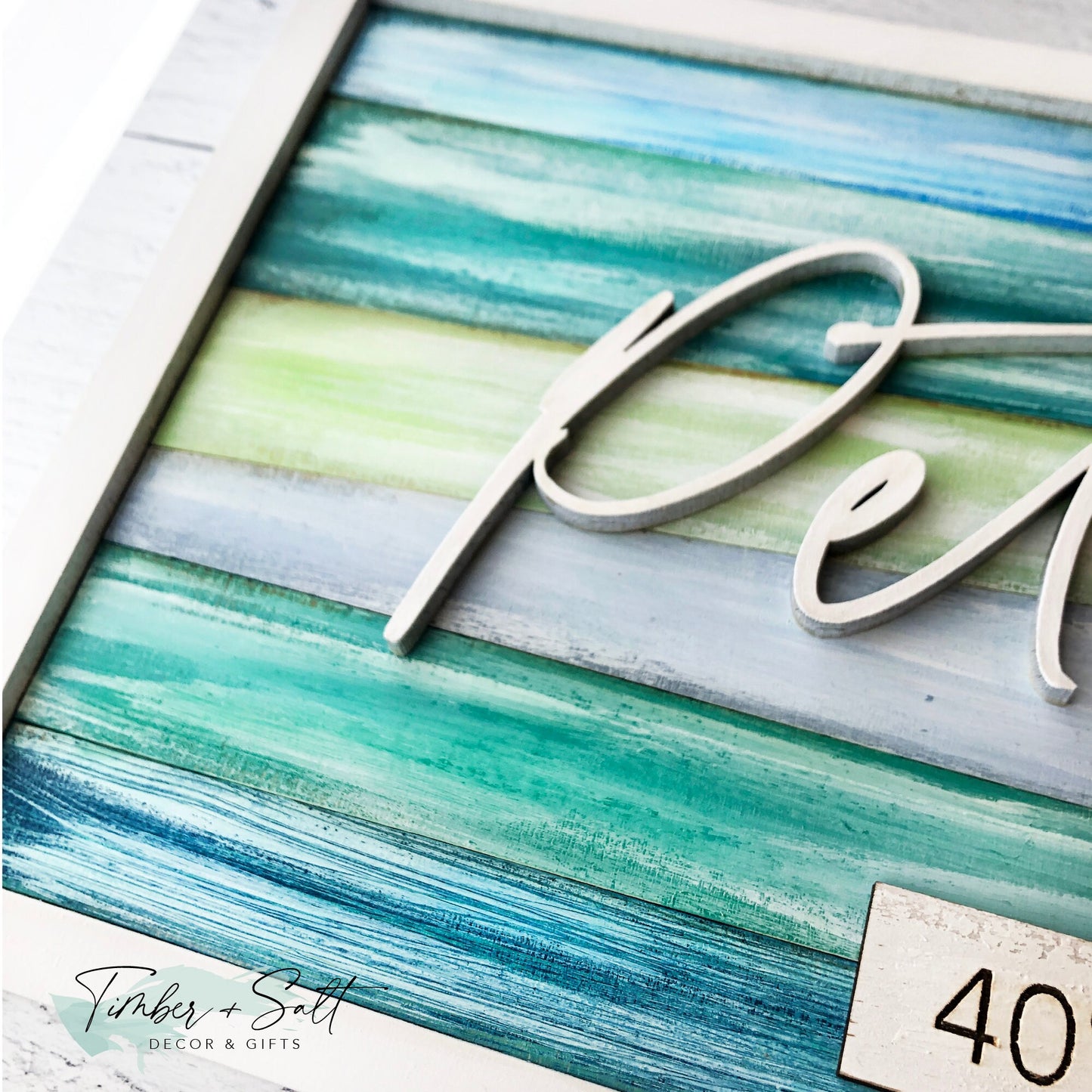 Custom Last Name With Coordinates Hand-painted Gorgeous Ocean Colors Coastal Beach House Decor Personalized 20"x 8" Rectangle Sign