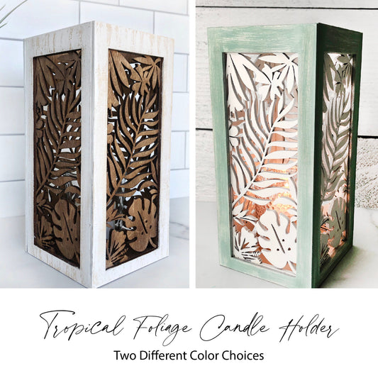 Tropical Foliage Wood Candle Holder Lantern 7.25" x 3.5" x 3.5" Two Color Choices Hand Painted Palm ~ Hibiscus ~ Monstera Leaf Coastal Decor