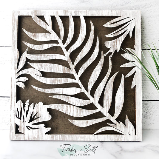 Tropical Foliage 12" Square Wood Wall Art Neutral Coastal Island Decor - Distressed White With Medium Brown Stain