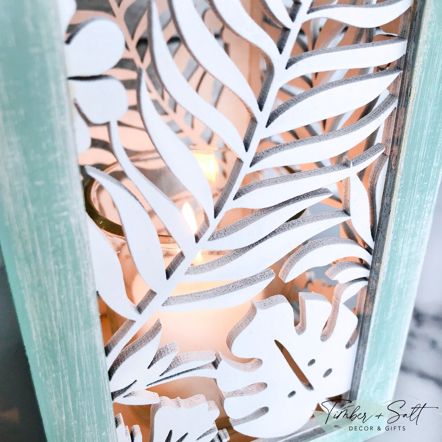 Tropical Foliage Wood Candle Holder Lantern 7.25" x 3.5" x 3.5" Two Color Choices Hand Painted Palm ~ Hibiscus ~ Monstera Leaf Coastal Decor