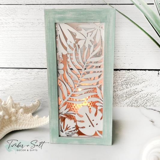 Tropical Foliage Wood Candle Holder Lantern 7.25" x 3.5" x 3.5" Two Color Choices Hand Painted Palm ~ Hibiscus ~ Monstera Leaf Coastal Decor