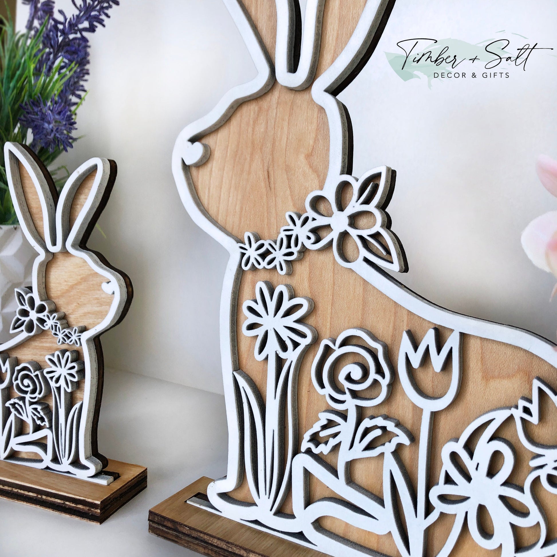 Mama & Baby Wooden Bunny Rabbits in stands Shelf Table Countertop Decor | Neutral | White Details Natural Stain | Easter Nursery Accessories