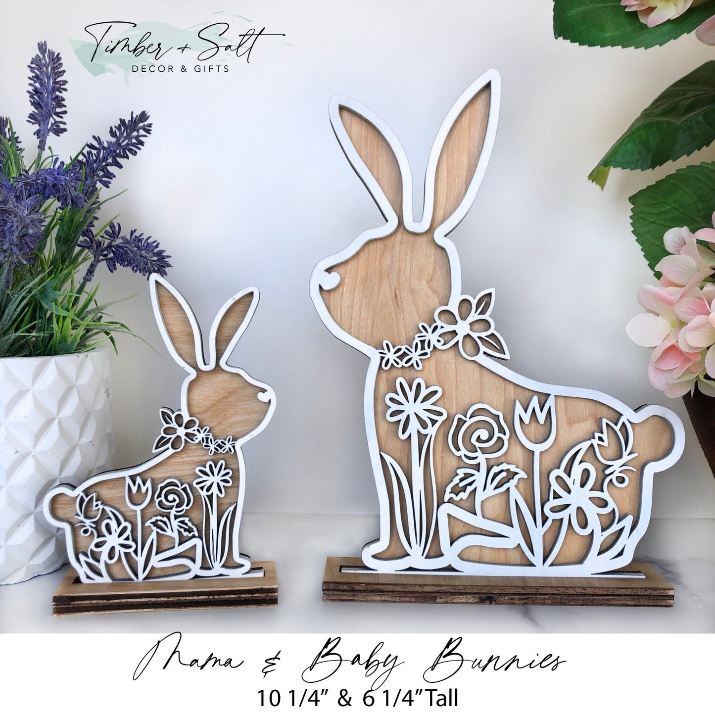 Mama & Baby Wooden Bunny Rabbits in stands Shelf Table Countertop Decor | Neutral | White Details Natural Stain | Easter Nursery Accessories