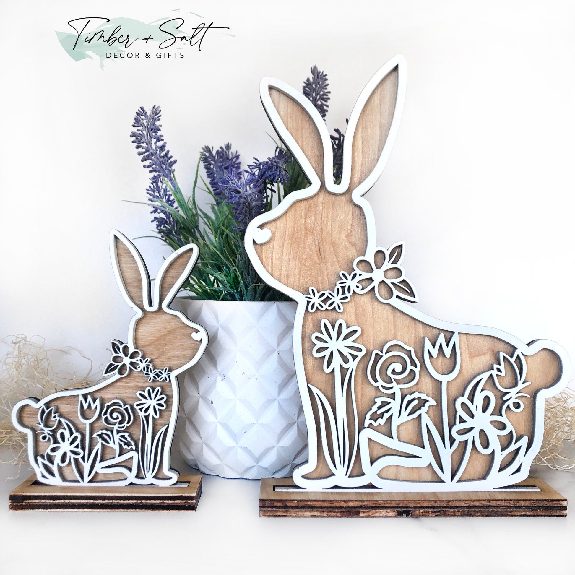 Mama & Baby Wooden Bunny Rabbits in stands Shelf Table Countertop Decor | Neutral | White Details Natural Stain | Easter Nursery Accessories