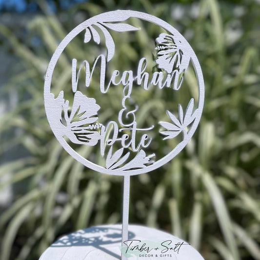 Tropical Flowers Wedding or Anniversary Cake Topper Hibiscus In White or Stain ~ Island Beach Coastal Rustic Garden Wedding